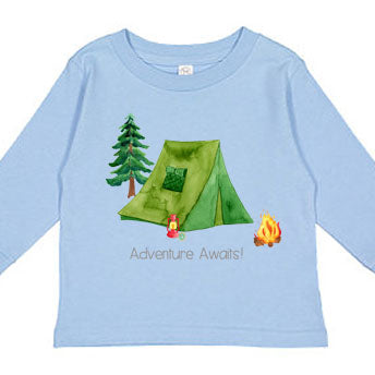light blue graphic tshirt on white background with watercolor graphic print of a camping tent scene for babies toddlers and kids