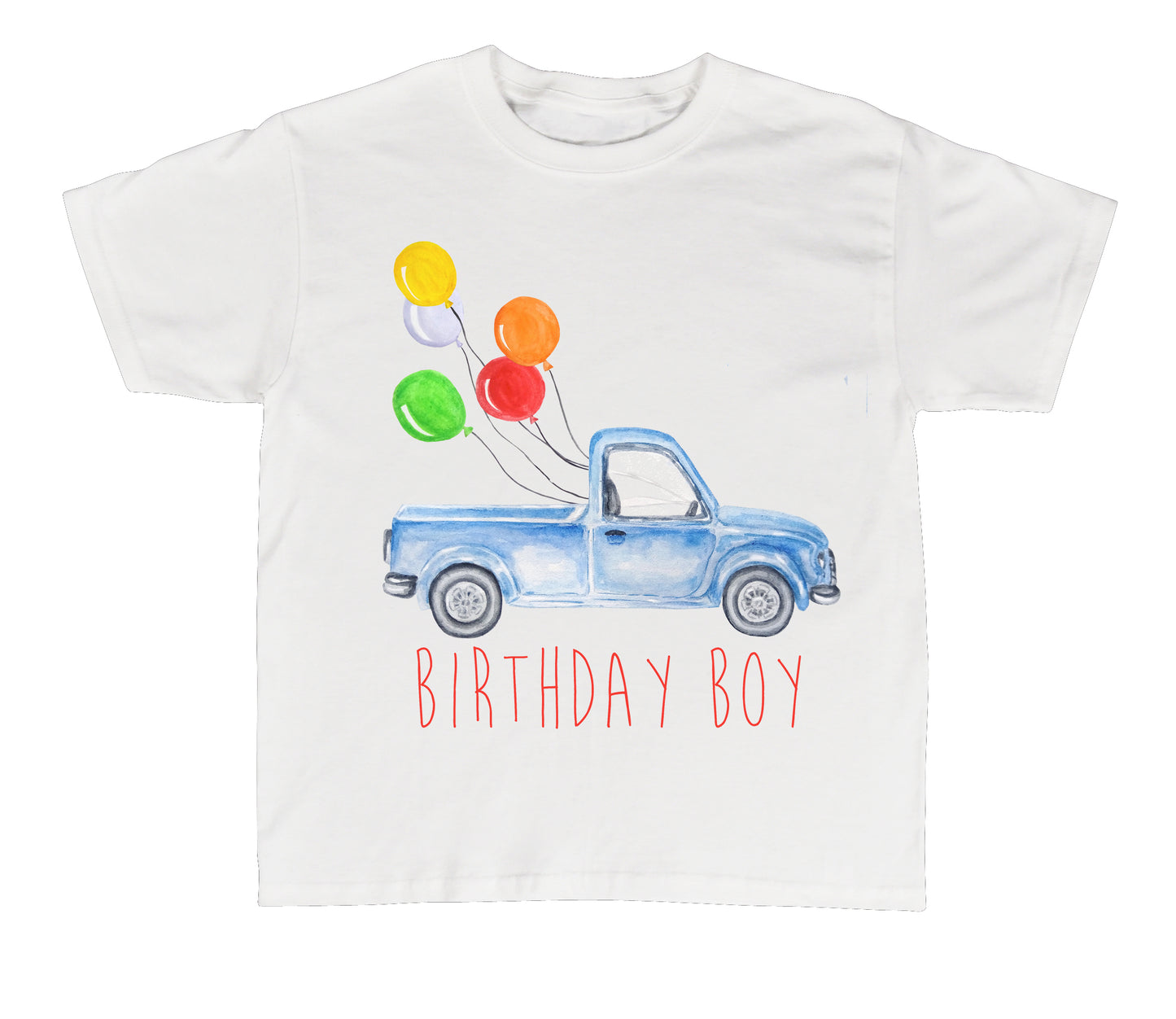 watercolor birthday boy tee shirt with balloons and a truck