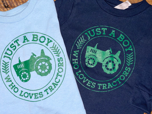 Just a boy who loves tractors screen print tee shirt for baby boys, toddler boys, and big kids, light blue and navy with green