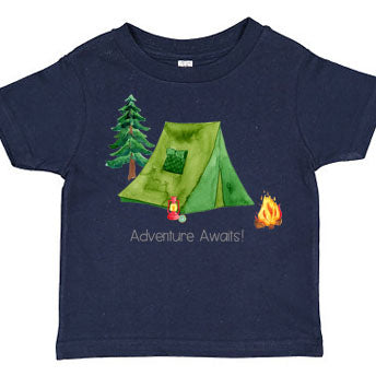 Navy and blue graphic tshirt on white background with watercolor graphic print of a camping tent scene