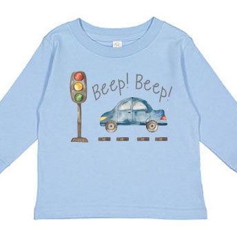 light blue graphic tshirt on white background with watercolor graphic print of a car and traffic light scene for babies toddlers and kids