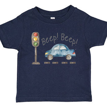 navy blue graphic tshirt on white background with watercolor graphic print of a car and traffic light scene for babies toddlers and kids
