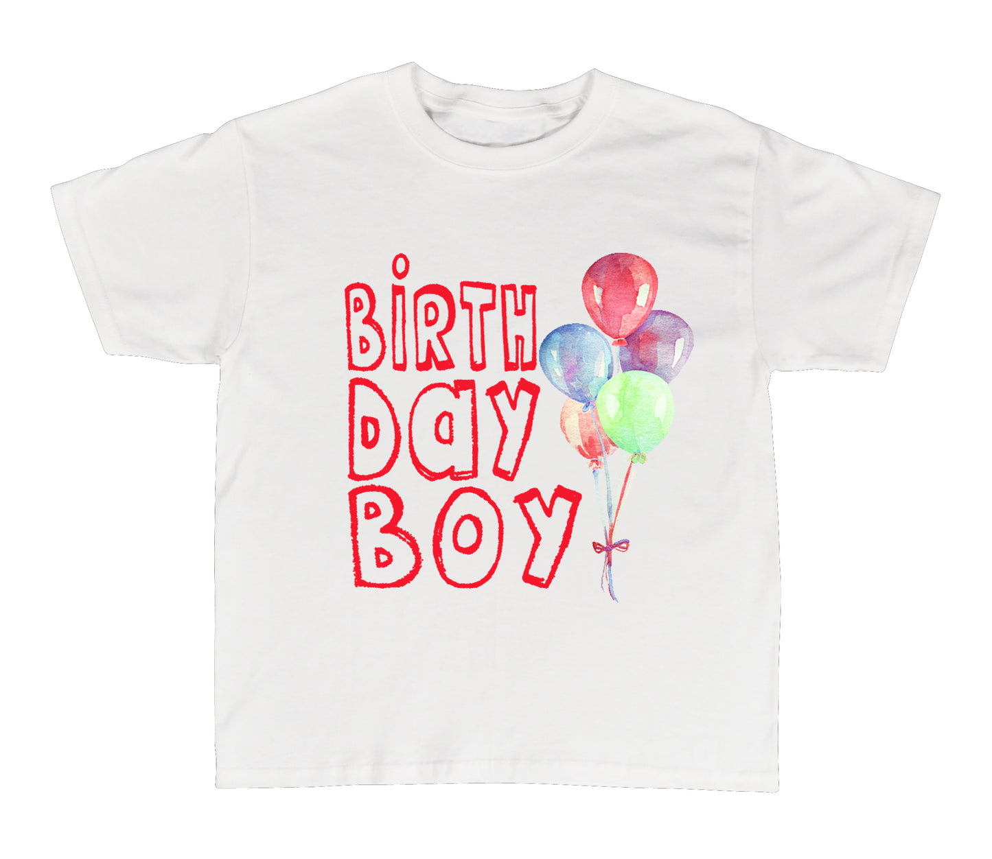 White birthday boy graphic tee shirt with red bubble letters and watercolor balloons