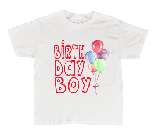 White birthday boy graphic tee shirt with red bubble letters and watercolor balloons