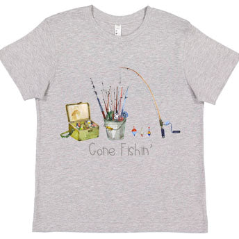 Grey gone fishin graphic tee shirt for babies , toddlers. And kids 