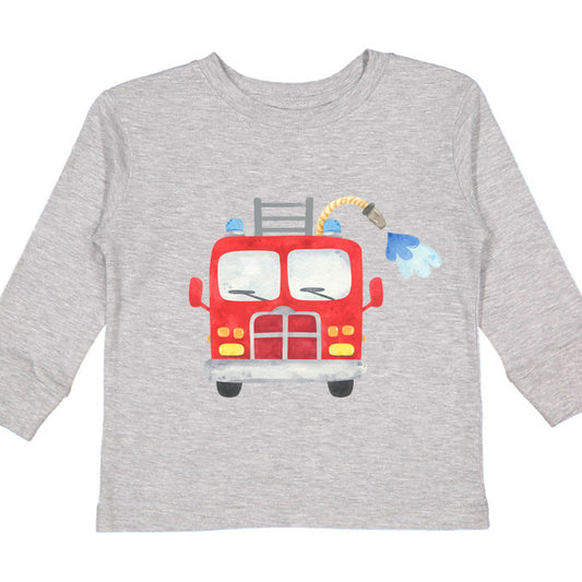 Grey tee shirt with a watercolor style firetruck graphic 