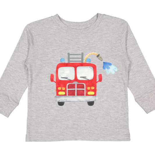 Grey tee shirt with a watercolor style firetruck graphic